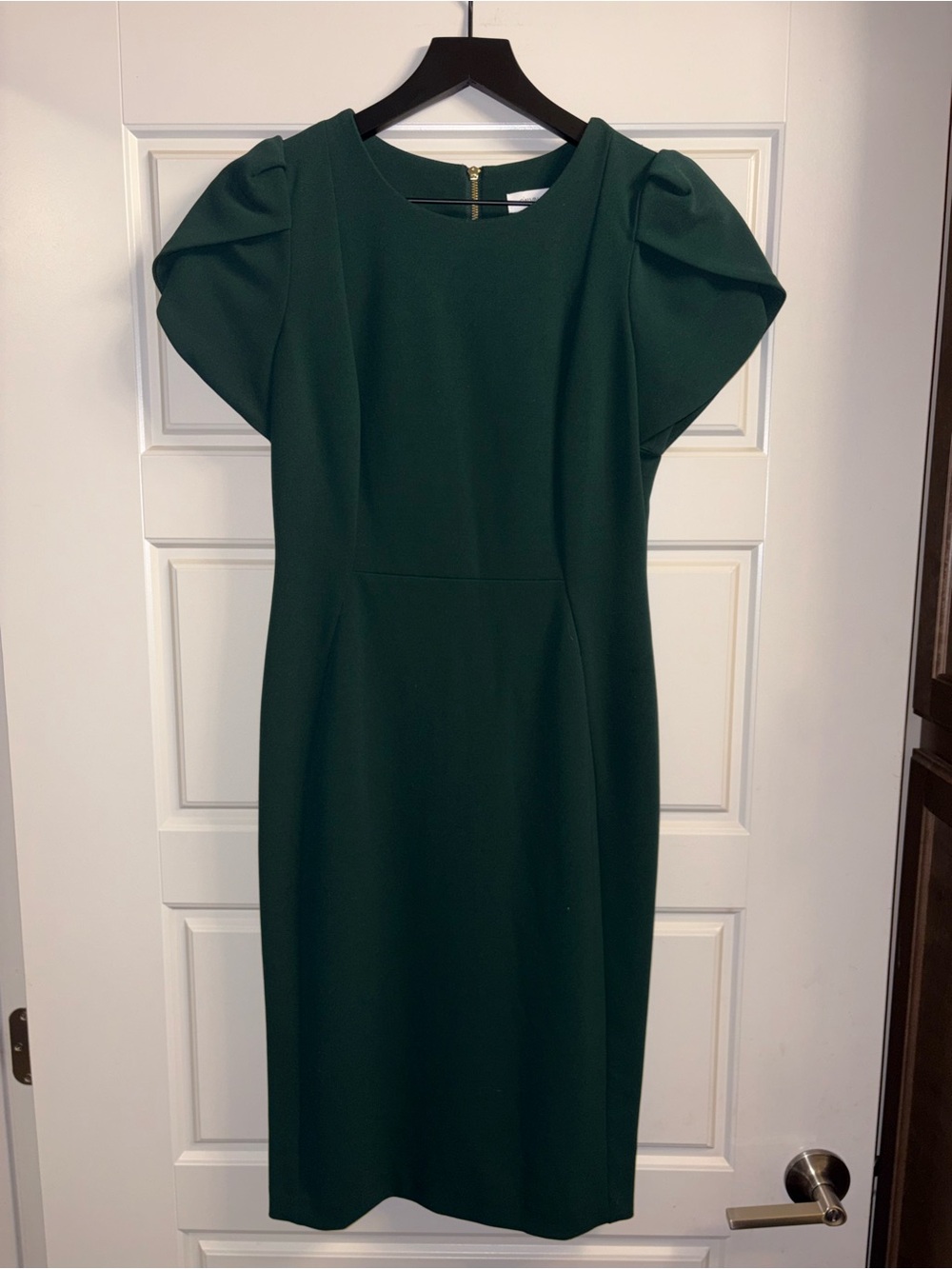 Calvin Klein Dark Green Midi Dress with Puff Sleeves
